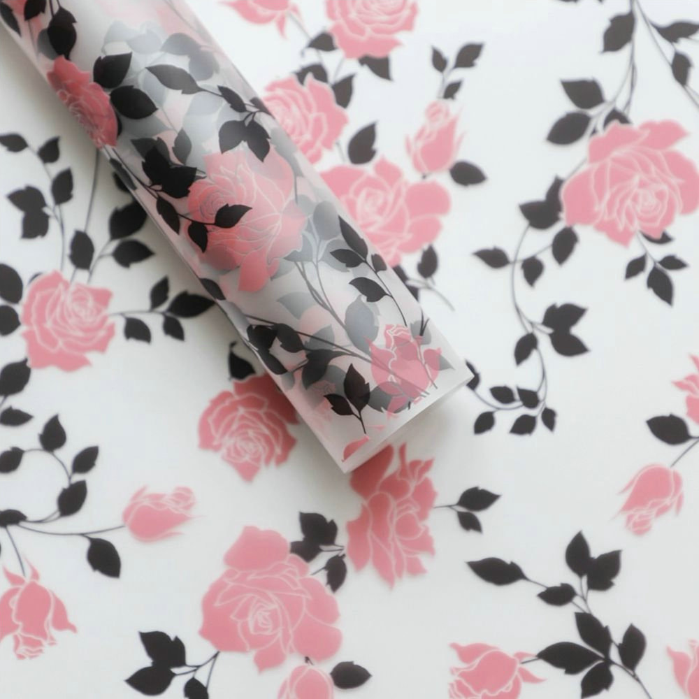 MYHC-79 Rose Print, dvoubarevná, průhledná obalová fólie na květiny