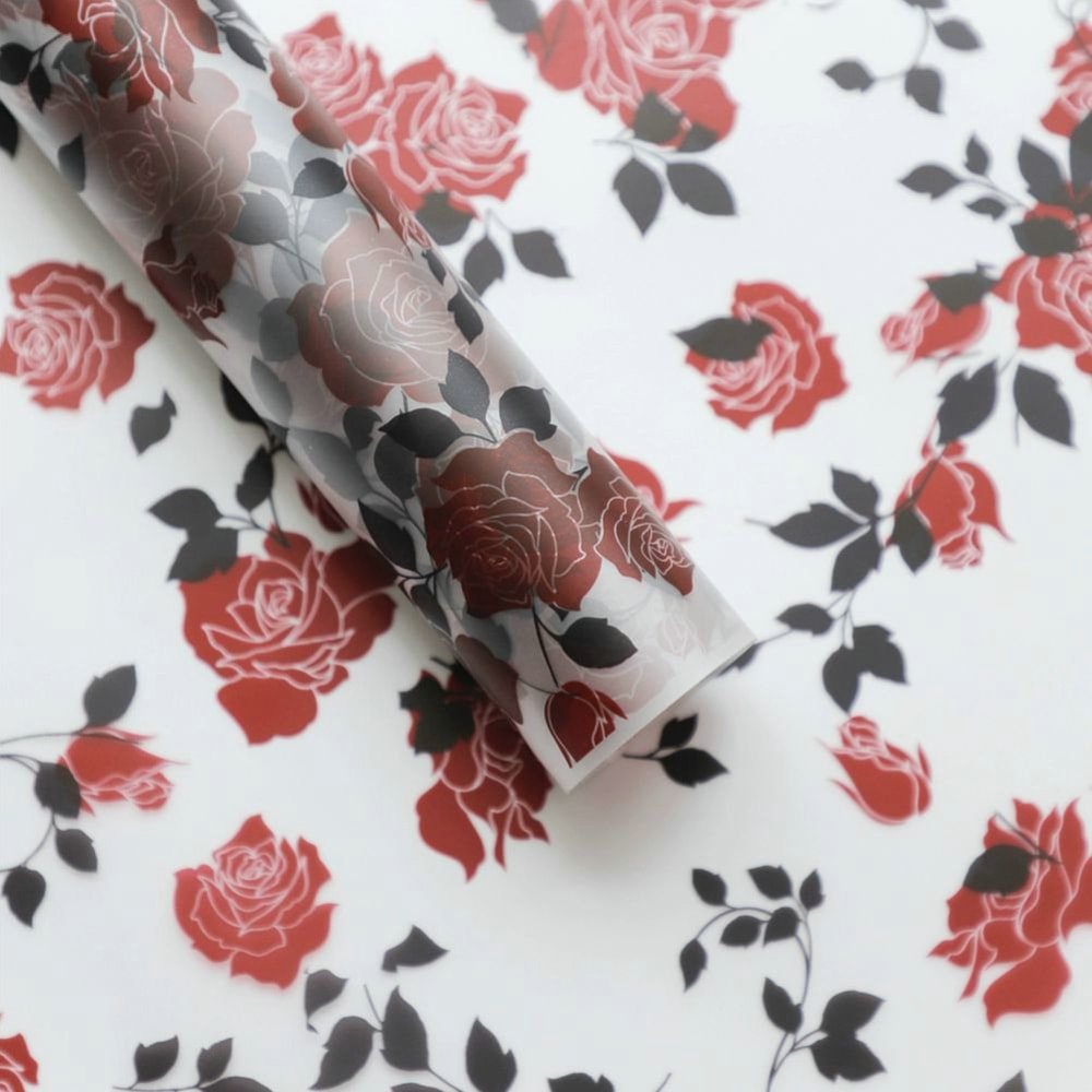 MYHC-79 Rose Print, dvoubarevná, průhledná obalová fólie na květiny